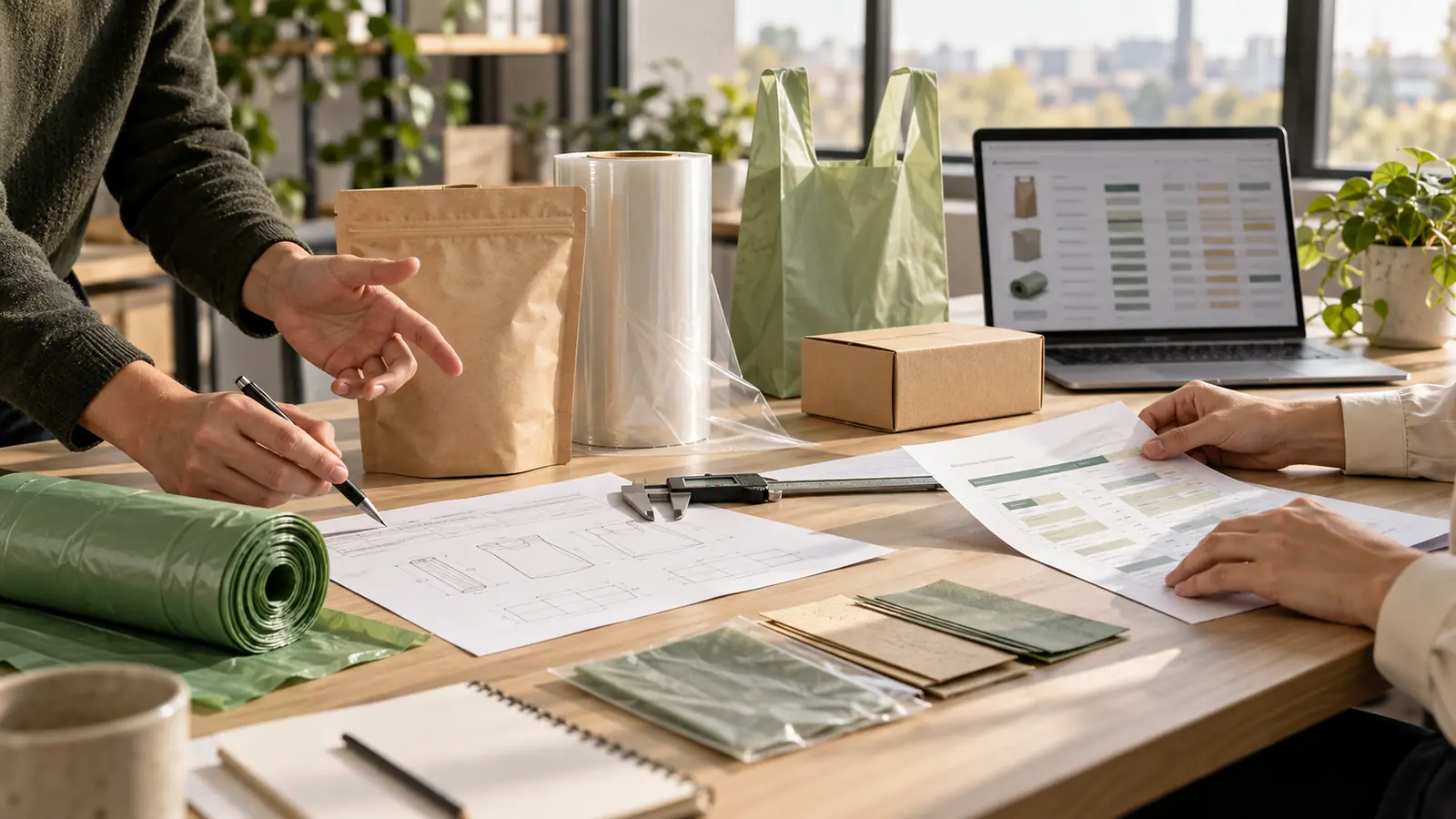 Buyer and packaging supplier reviewing a custom compostable packaging RFQ with samples and specifications