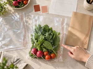 Custom printed anti-fog food bag and kraft sleeve at OEM artwork review
