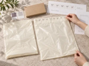 Ivory compostable liner with subtle plum printed rim at private-label artwork review