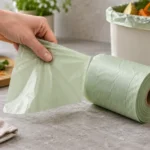 Food caddy liner torn from a perforated compostable bag roll
