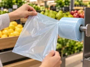 Hand tearing a pale blue compostable produce bag from a perforated roll