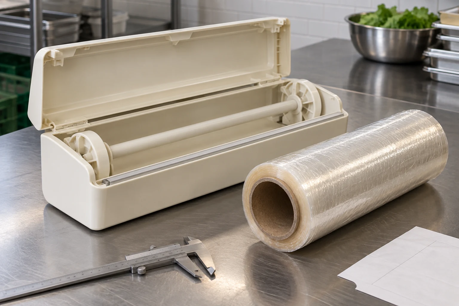 Illustrative cling-film roll beside an open refill dispenser, with the core and spindle visible.