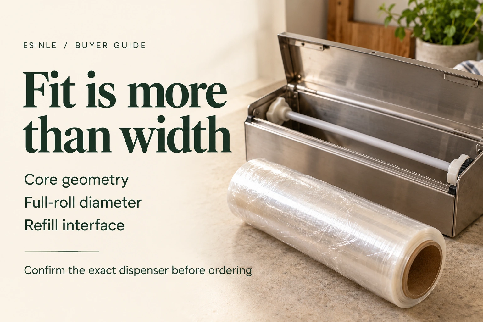 ESINLE buyer-guide poster: dispenser fit depends on core geometry, full-roll diameter and refill interface.