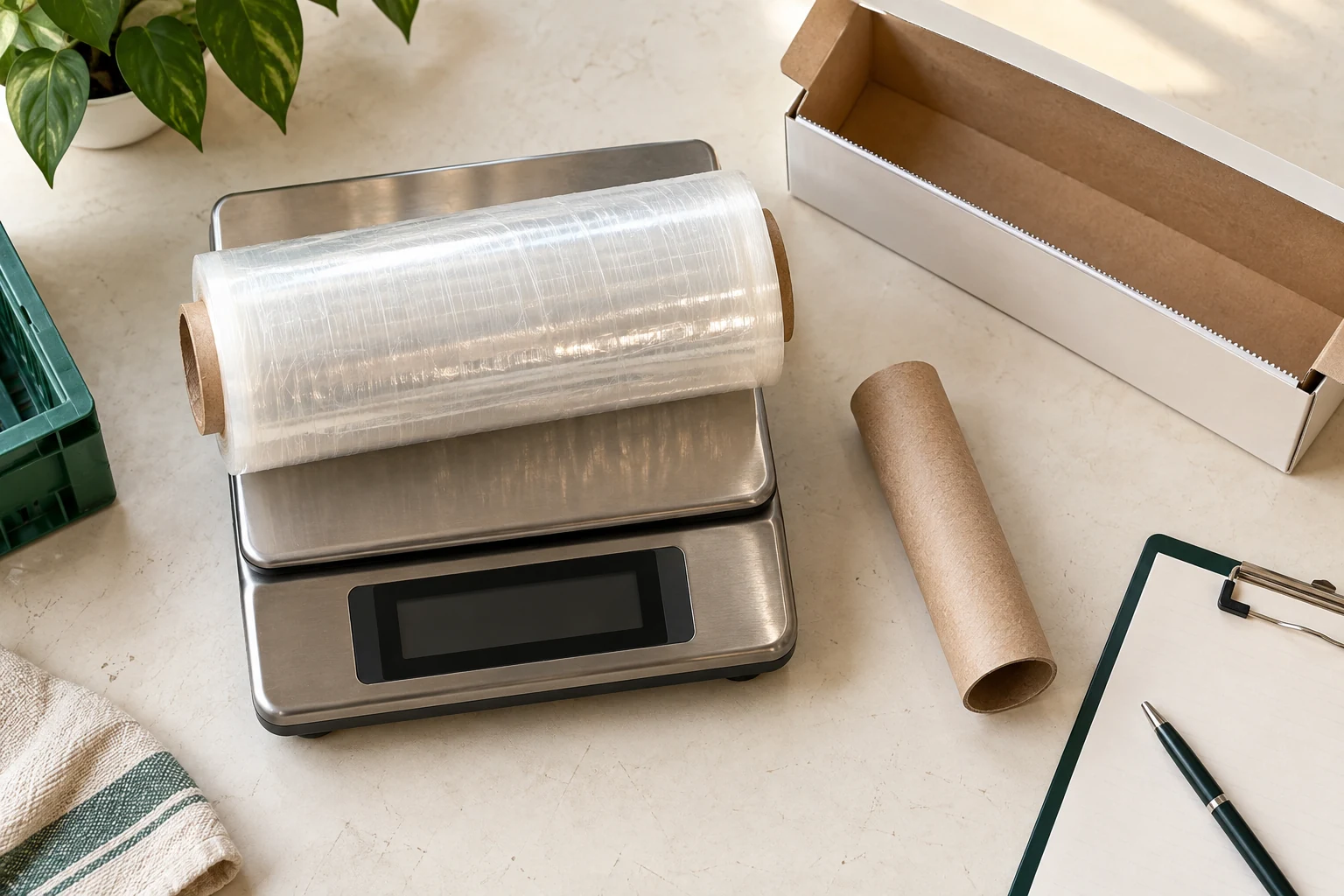 Illustrative roll on a bench scale beside an empty paperboard core and cutter-box packaging.