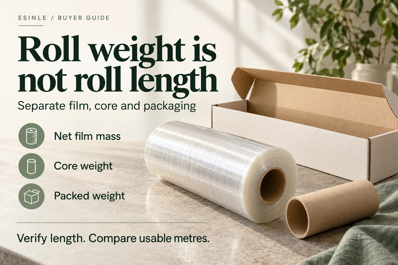 ESINLE buyer-guide poster: roll weight is not roll length; distinguish film mass, core weight and packed weight.