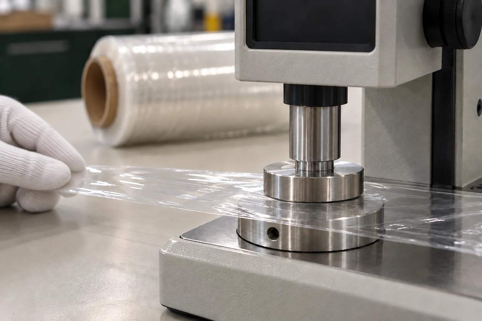 Illustrative single-layer cling-film sample positioned between a thickness gauge measuring foot and anvil.