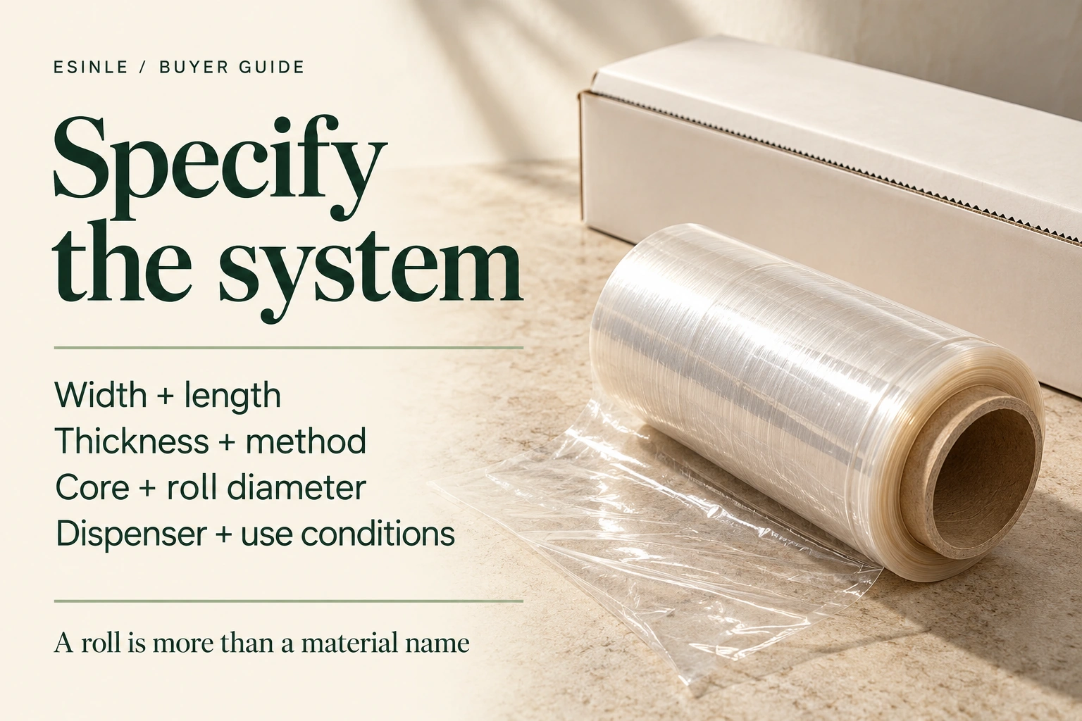 ESINLE buyer-guide poster: specify width, length, thickness method, core, roll diameter and use conditions.