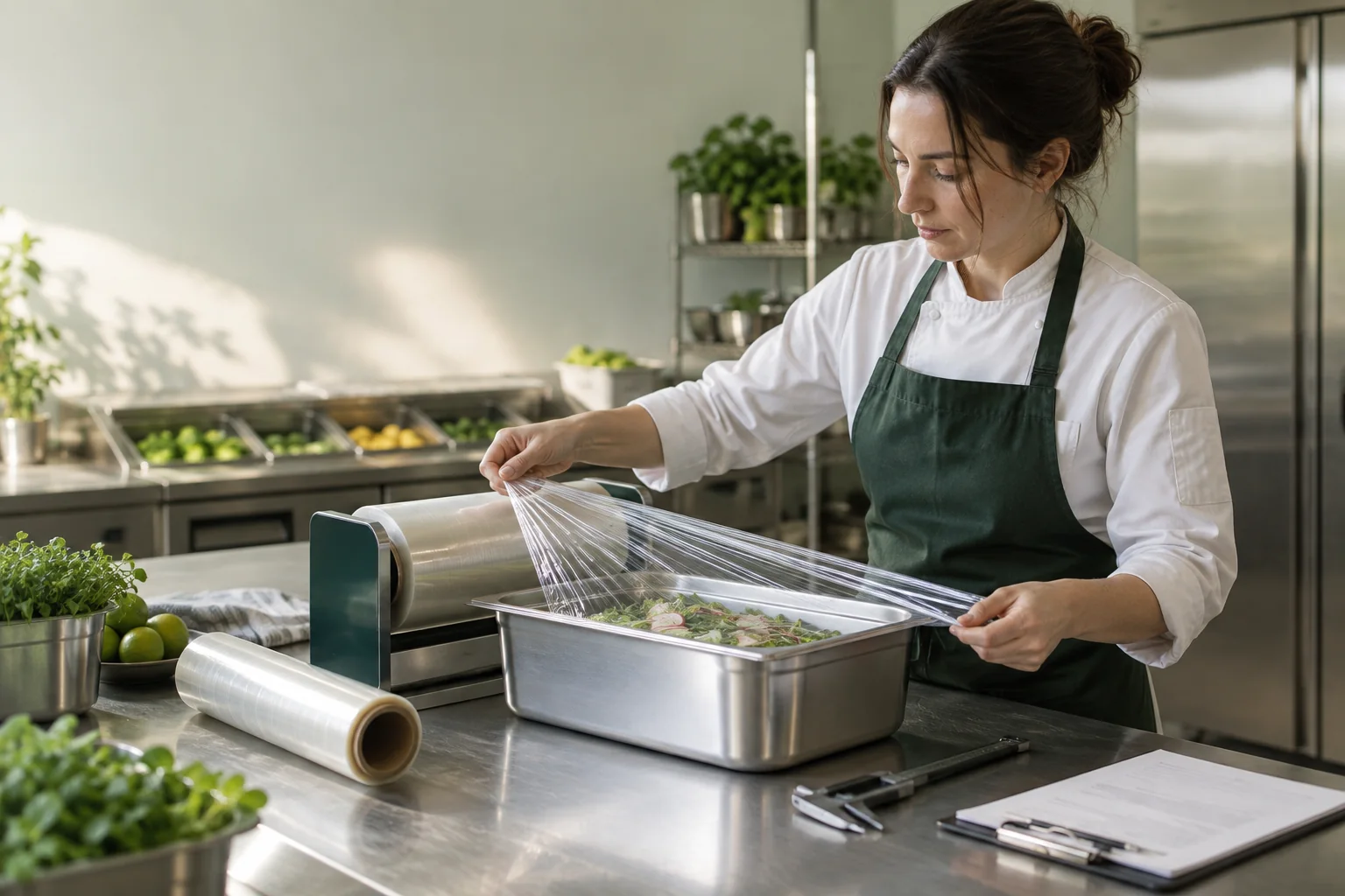 A procurement quality manager testing compostable cling film in a commercial kitchen