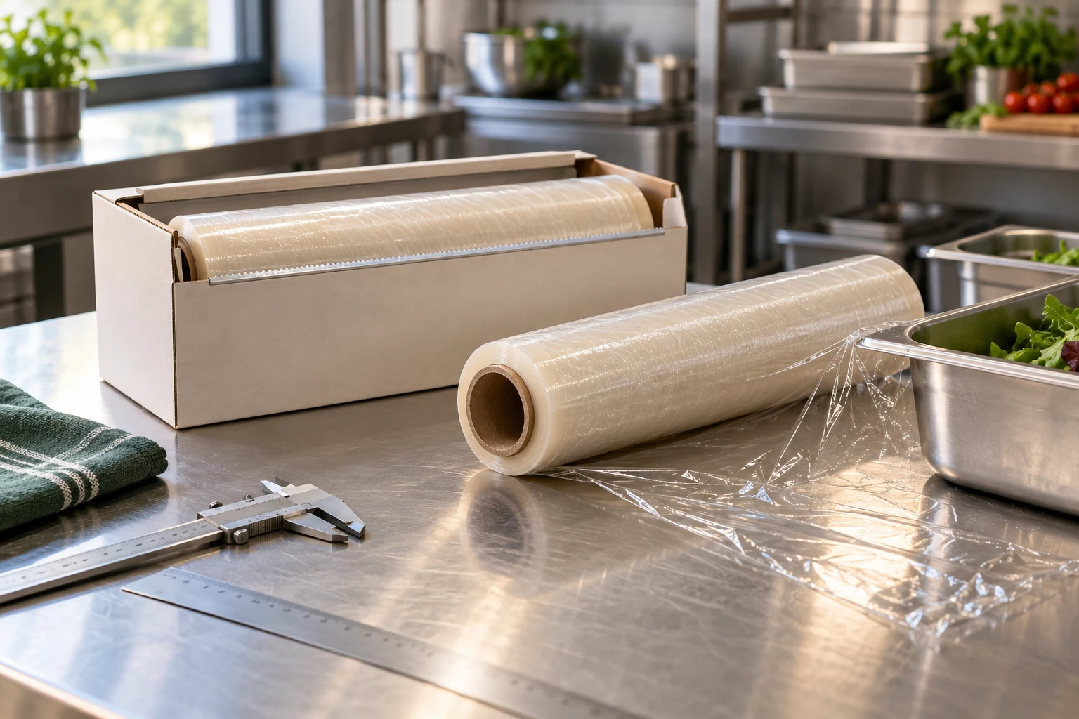 Illustrative cling-film rolls, cutter box and specification tools on a commercial kitchen worktop.