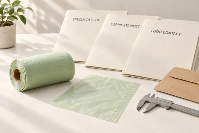 Specification, compostability and food-contact documents for a home compostable caddy bag