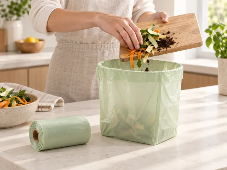 Home compostable kitchen caddy bag fitted to a small food-waste bin