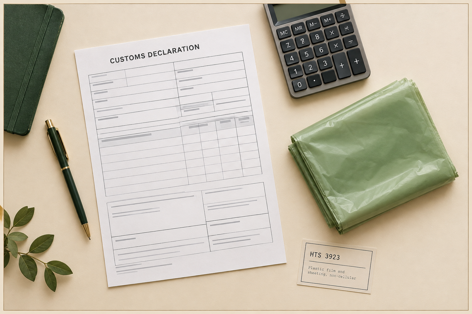 Customs documents and calculator flat-lay