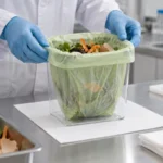 Compostable food caddy bag holding damp scraps in a containment check