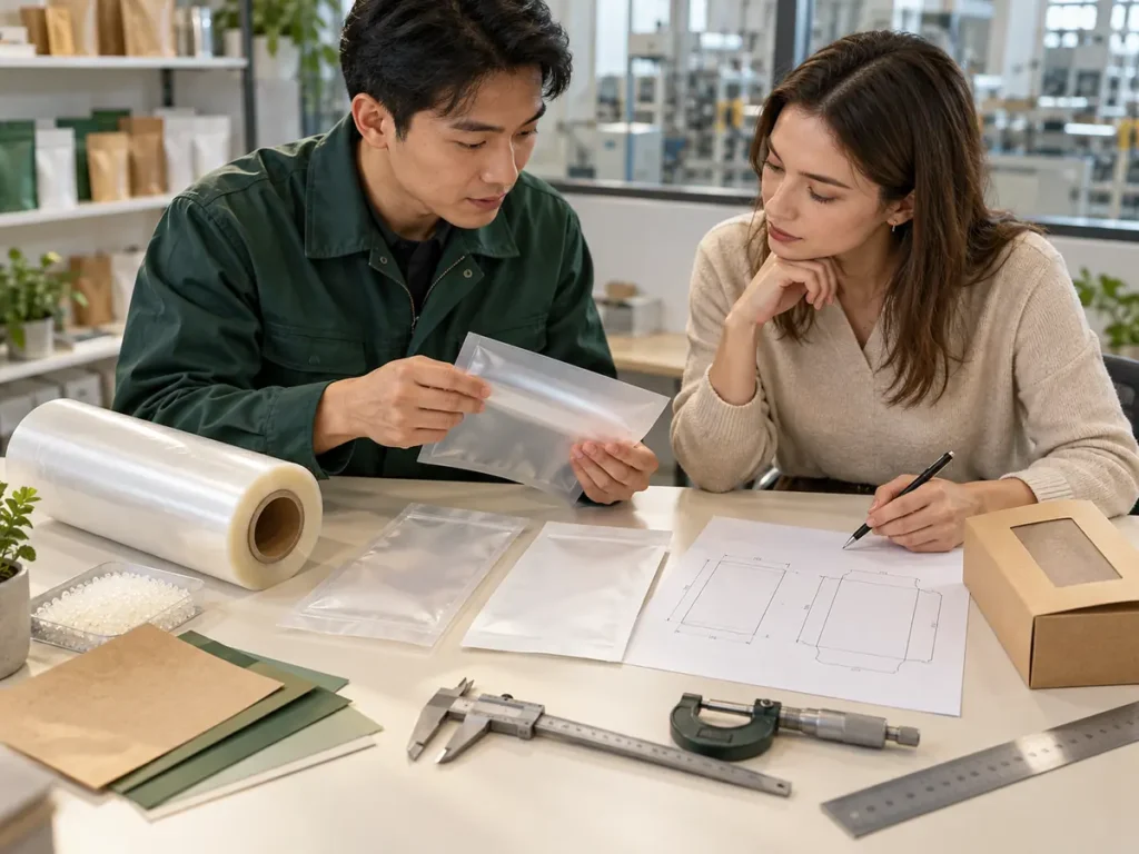 Packaging engineer and buyer reviewing an OEM compostable packaging specification