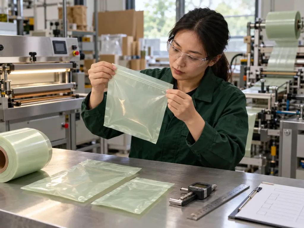 Technician inspecting a heat-sealed compostable packaging sample before approval