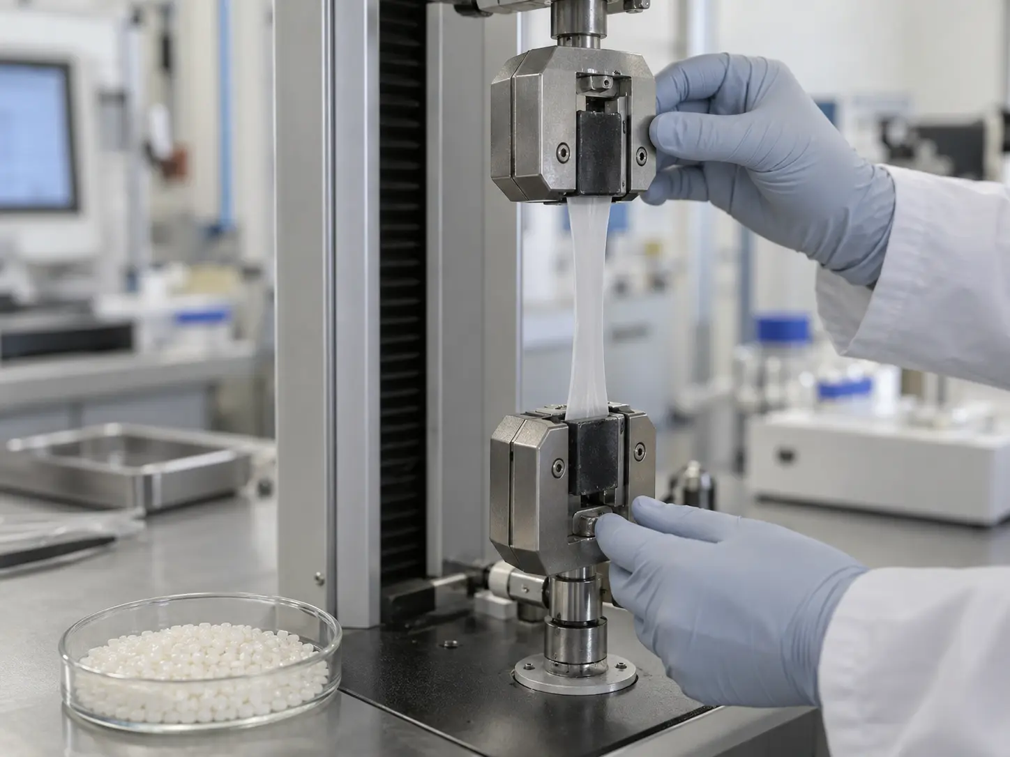 PBAT compostable film specimen undergoing laboratory tensile testing