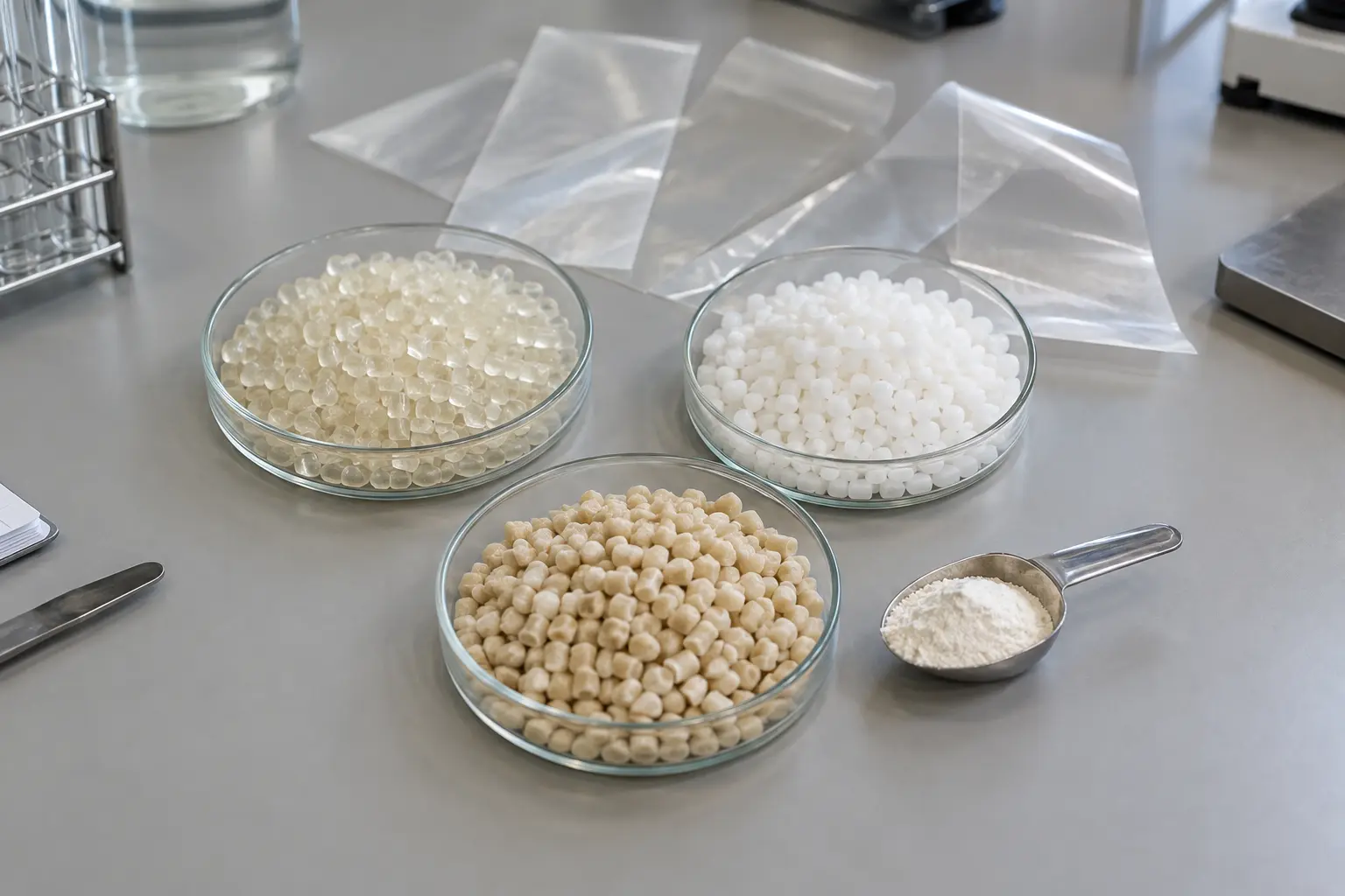 PLA, PBAT and TPS resin pellets compared with compostable film samples