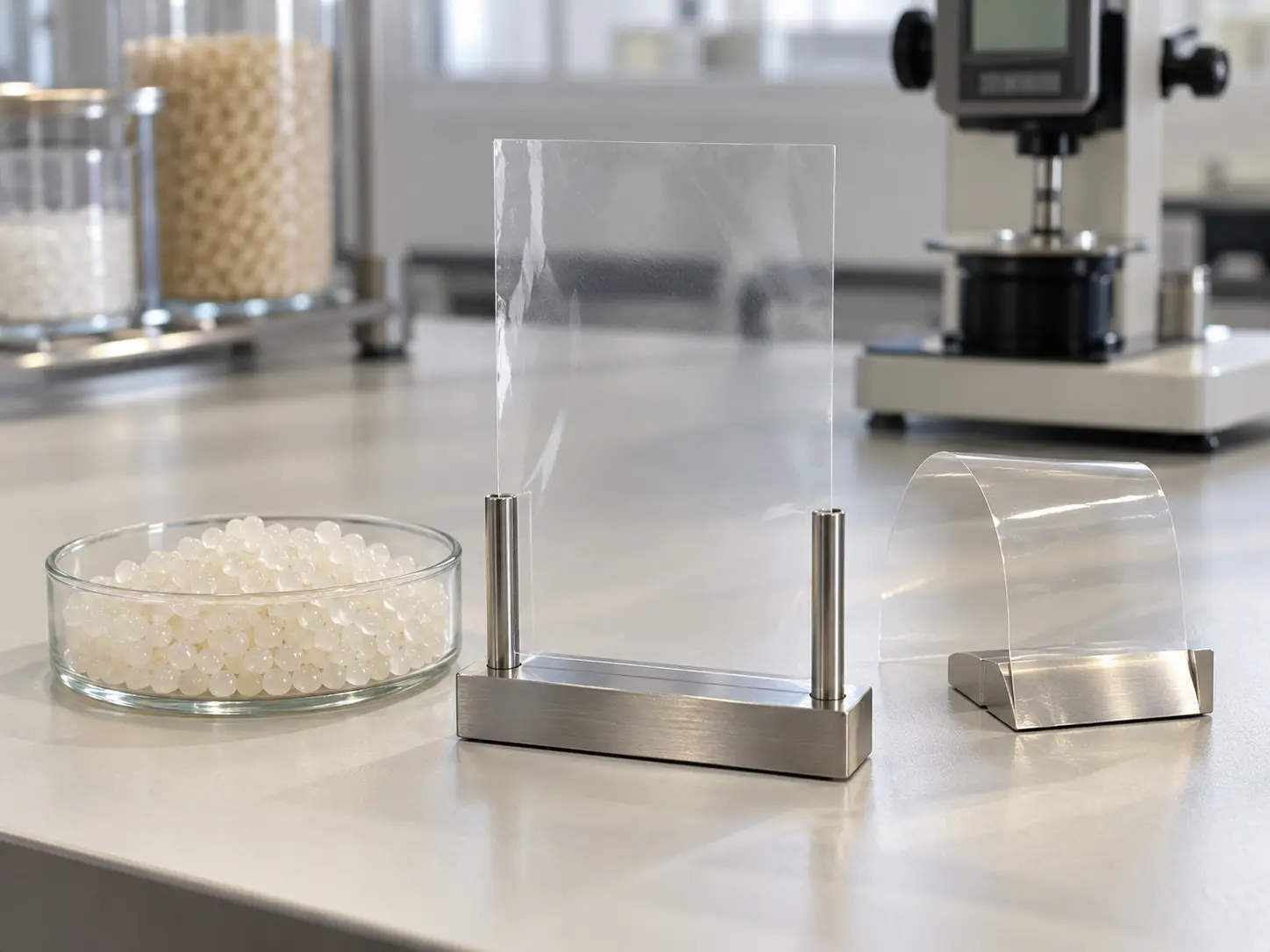 PLA pellets and clear compostable film sample showing structure and clarity