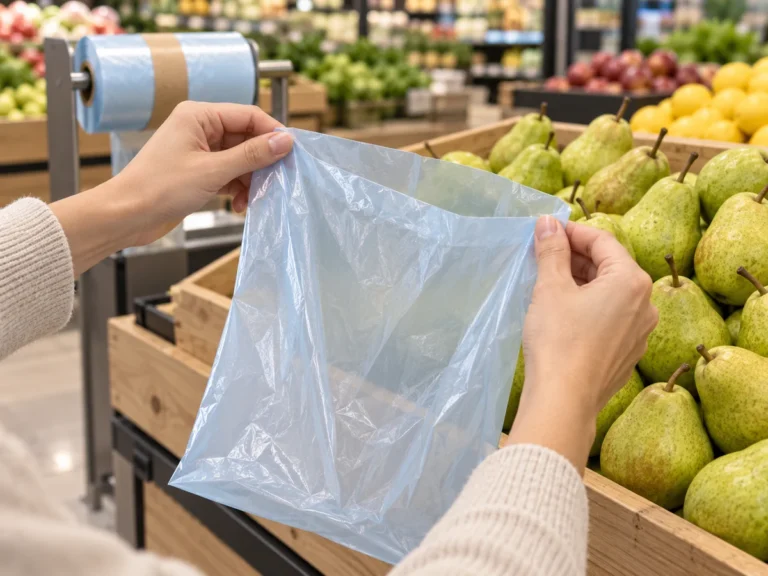 Shopper opening a handleless produce bag beside a supermarket bag-roll dispenser