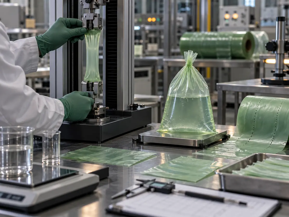 Production-intent compostable packaging sample undergoing seal strength and load testing