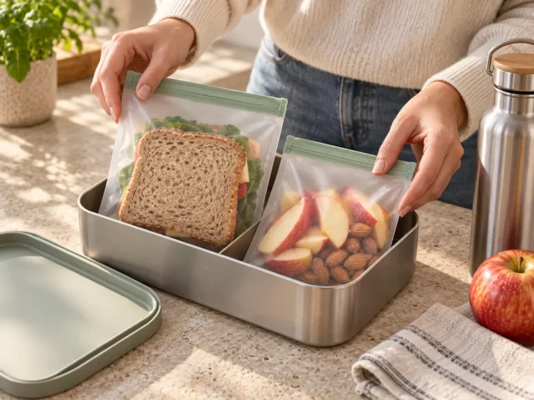 Reusable compostable lunch pouches prepared with a sandwich and fruit