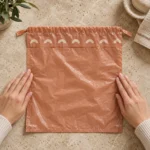 Flat 17 by 18 inch small compostable drawstring bag with folded upper channel
