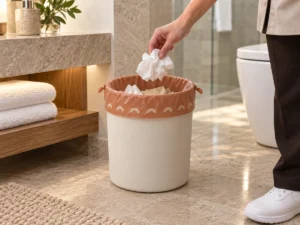 Small drawstring compostable trash bag in a hotel bathroom wastebasket