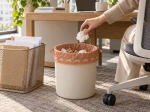 Terracotta 2.6-gallon compostable drawstring liner in an office desk-side bin