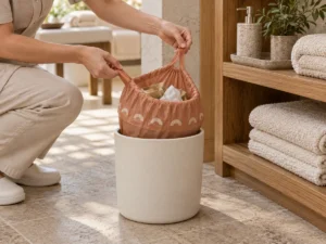 Small compostable drawstring bag changeover in a spa treatment room