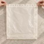 Flat open-top small compostable trash bag unfolded to show full liner shape