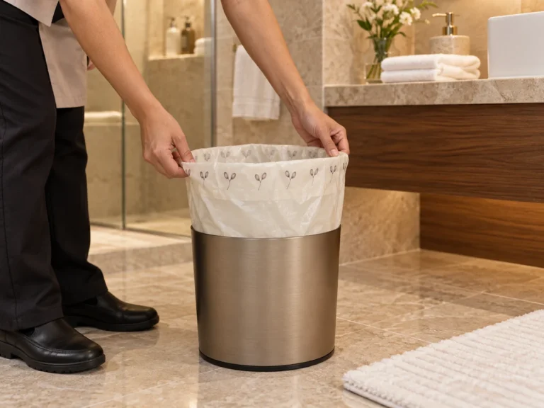 Housekeeper fitting a warm ivory 4-gallon compostable liner into a compact bathroom bin