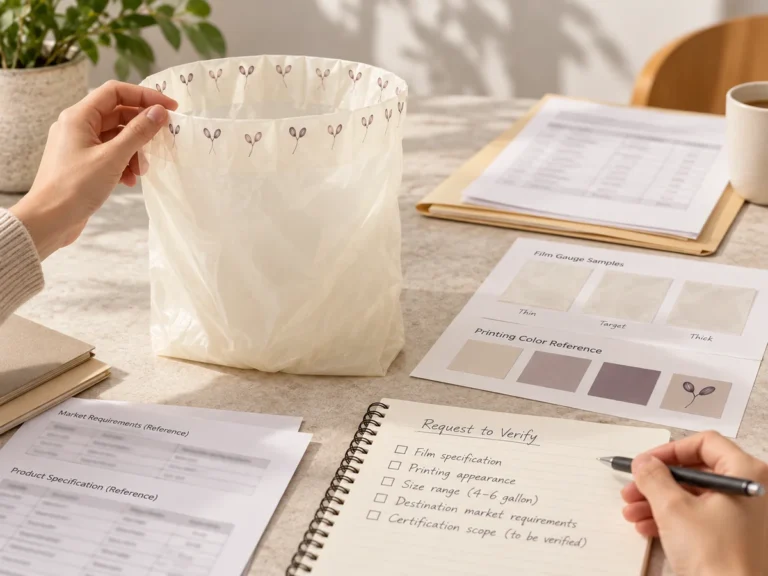 Illustrative printed small trash bag sample and compostability document review checklist