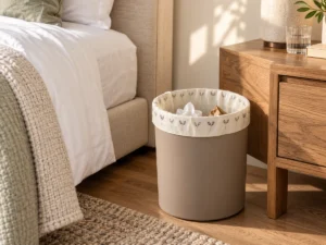 Warm ivory small compostable trash bag lining a guestroom bedside wastebasket
