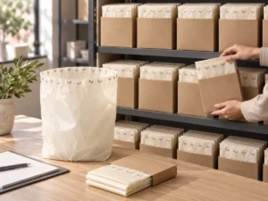 Small compostable trash bag kraft packs at a janitorial distributor showroom
