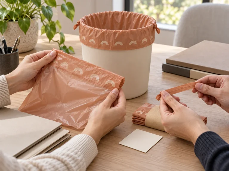 Illustrative review of small compostable bag body, flat drawstring and blank evidence folders