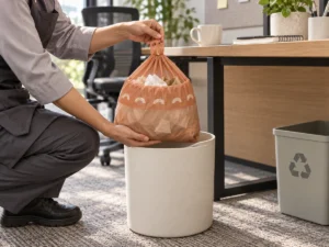 Facilities worker supporting a closed small drawstring bag during light-waste changeover