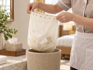 Housekeeper lifting a small compostable trash bag with light dry waste from a bin