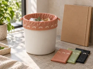 Terracotta and alternate compostable bag color samples during OEM print review