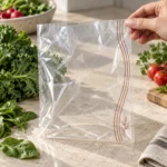 Close detail of transparent anti-fog food bag film and minimal terracotta botanical print