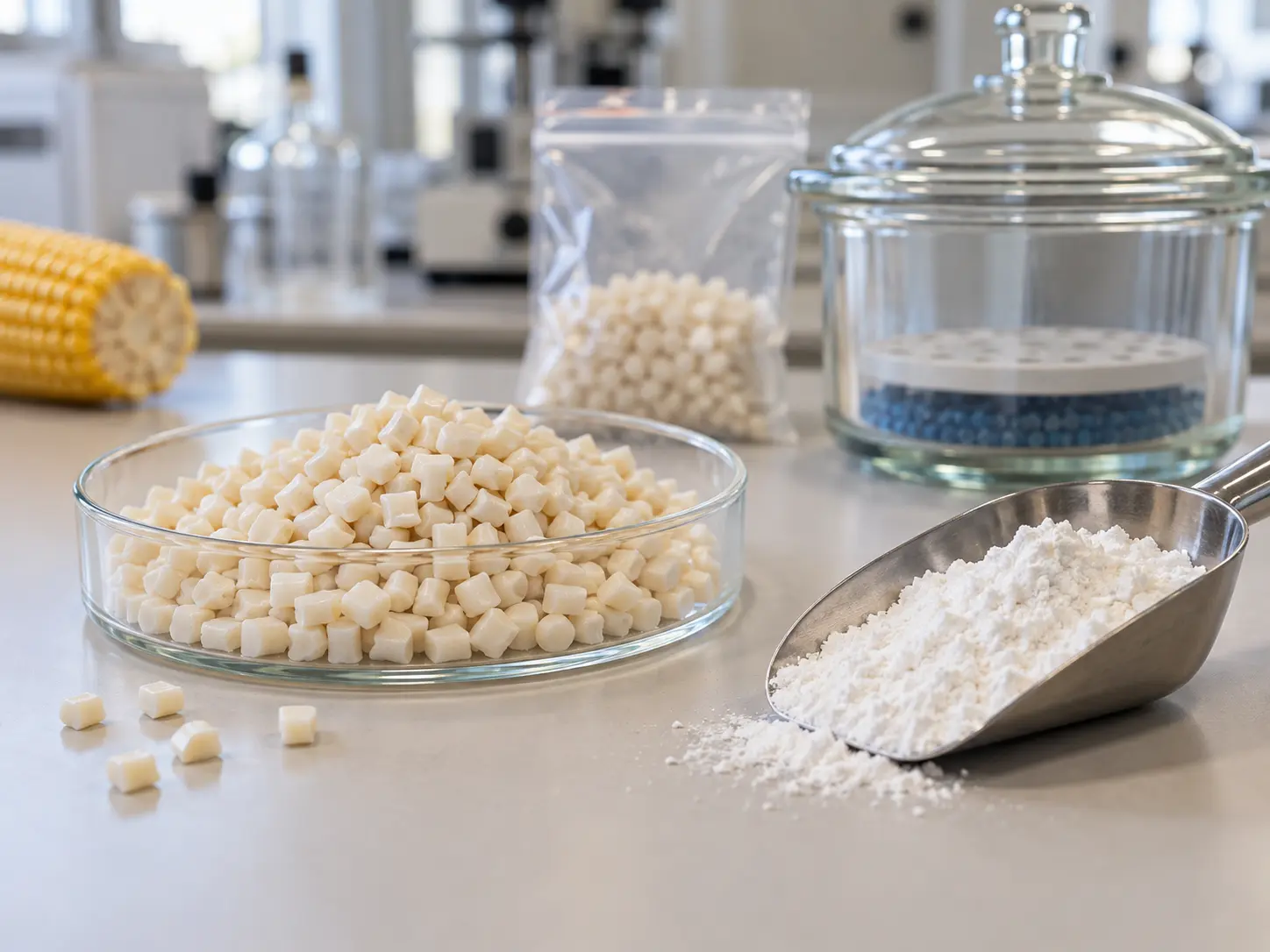 TPS compound pellets and corn starch used in compostable film blends