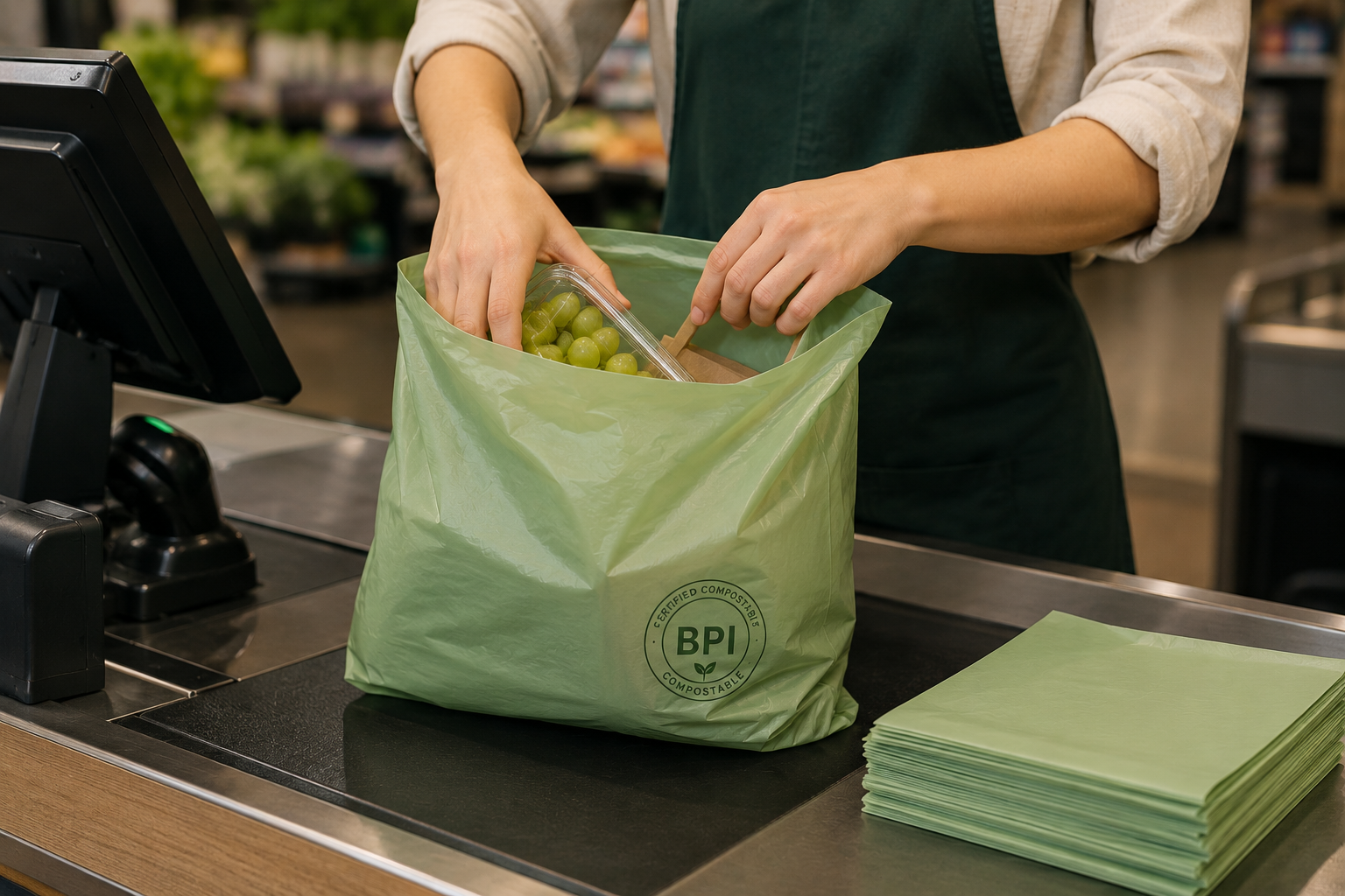 US retail checkout with certified compostable bags