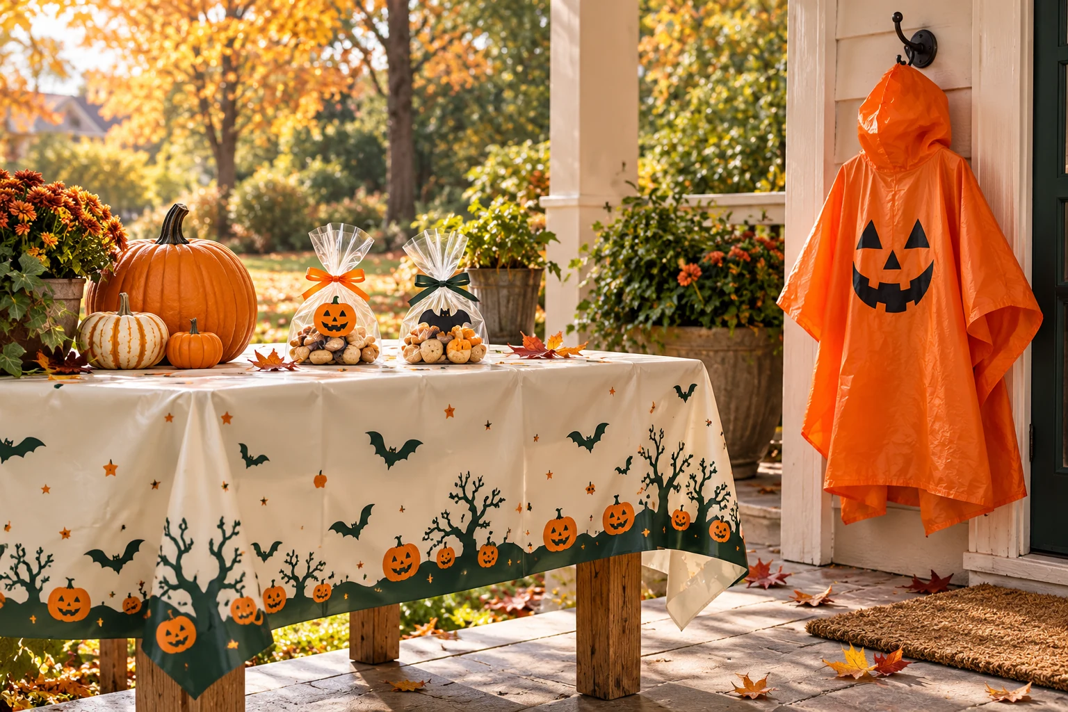 Halloween party table with printed table cover, treat bags and orange rain poncho