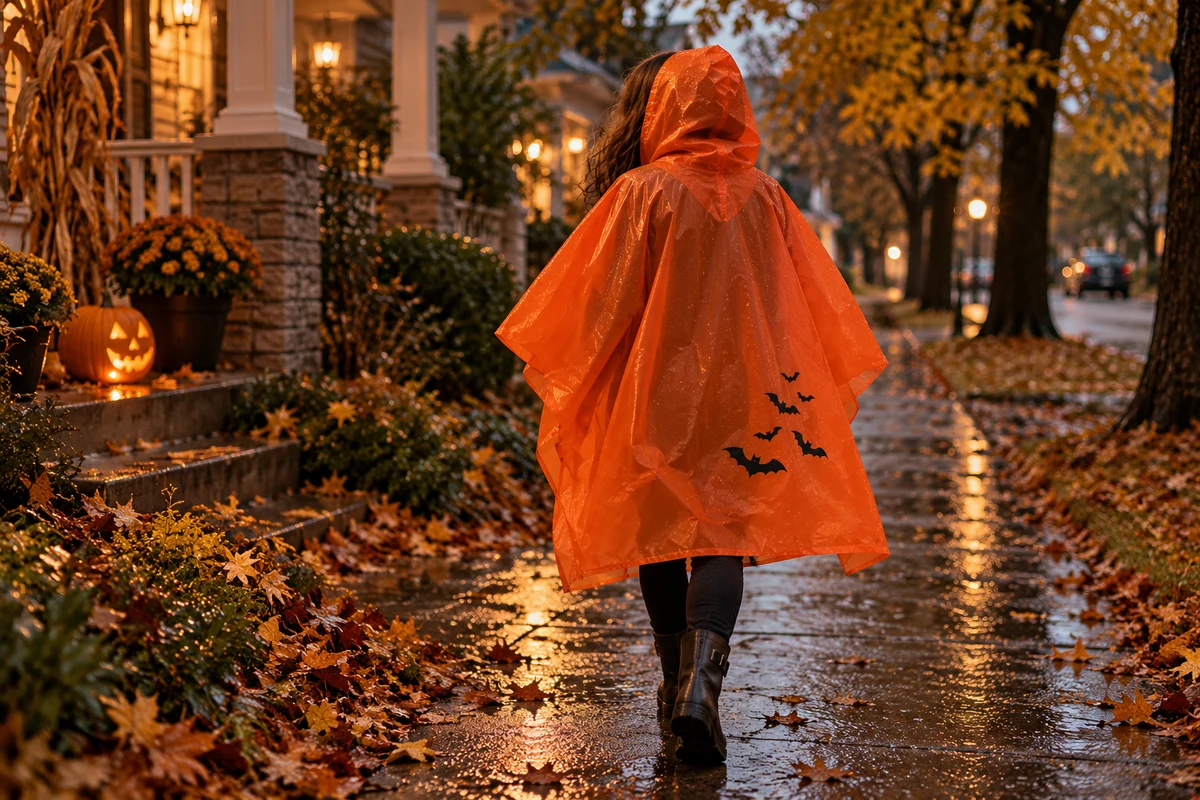 Adult wearing an orange bat-print hooded rain poncho on a wet autumn path