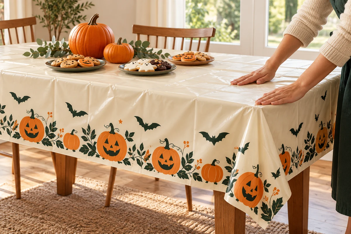 Hands smoothing a cream Halloween table cover with pumpkin and green bat border