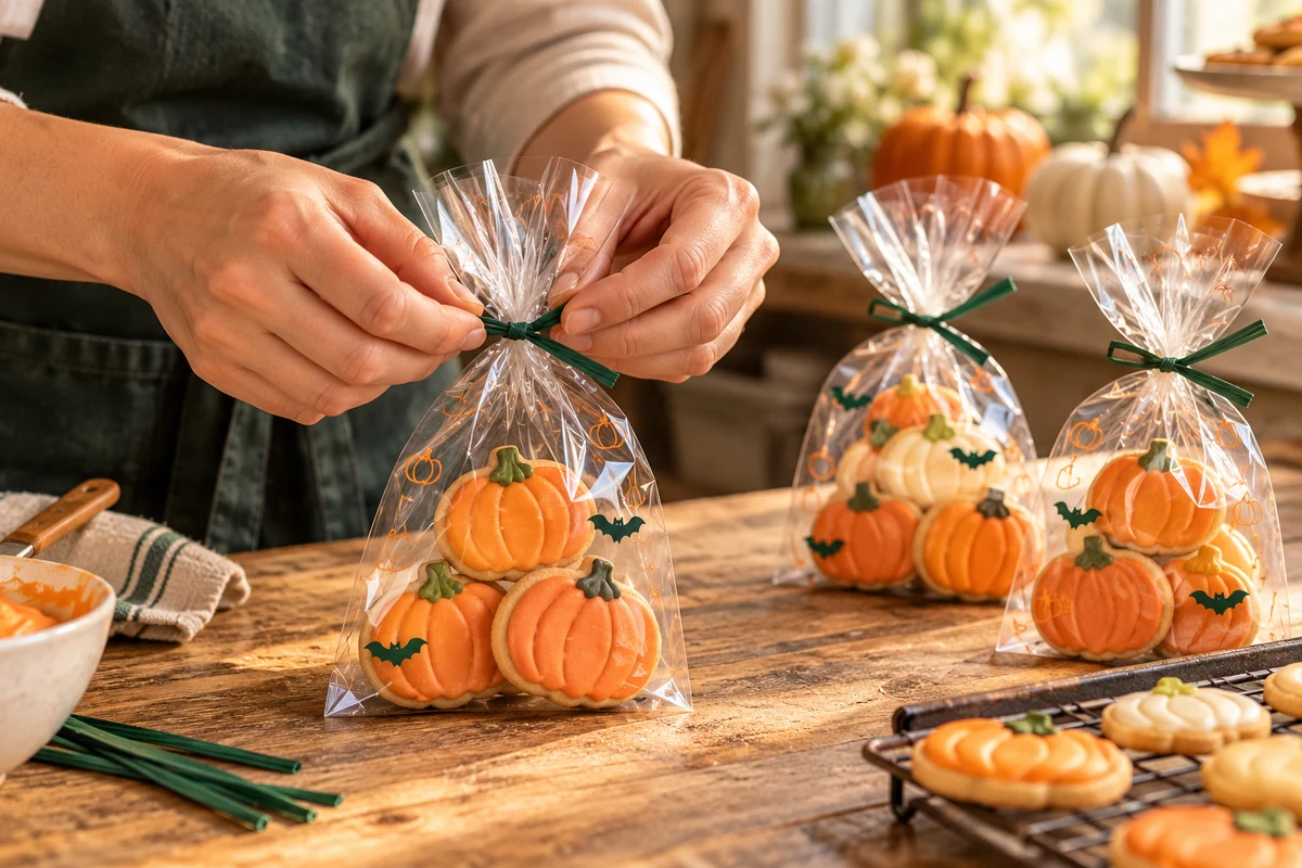 Baker tying a clear printed treat bag filled with pumpkin cookies
