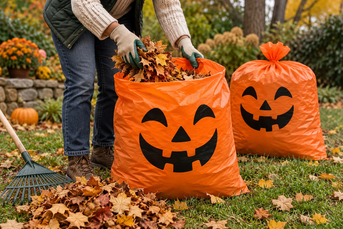 Gardener filling an orange pumpkin-face yard bag with dry autumn leaves