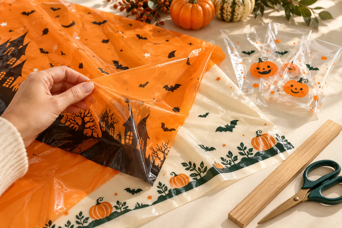 Hand examining thin printed film swatches and transparent Halloween treat bags