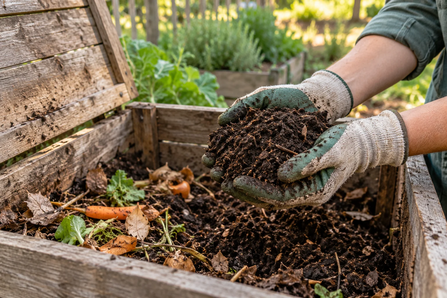 Gloved hands holding mature compost beside a managed home compost bin