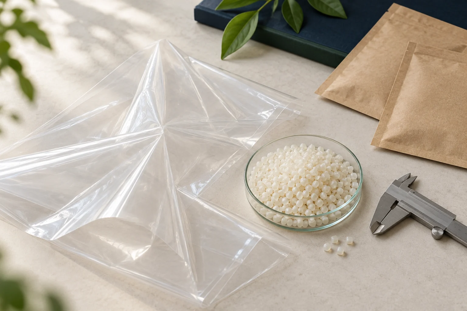 Transparent film, polymer pellets and a caliper arranged on a material sample review desk