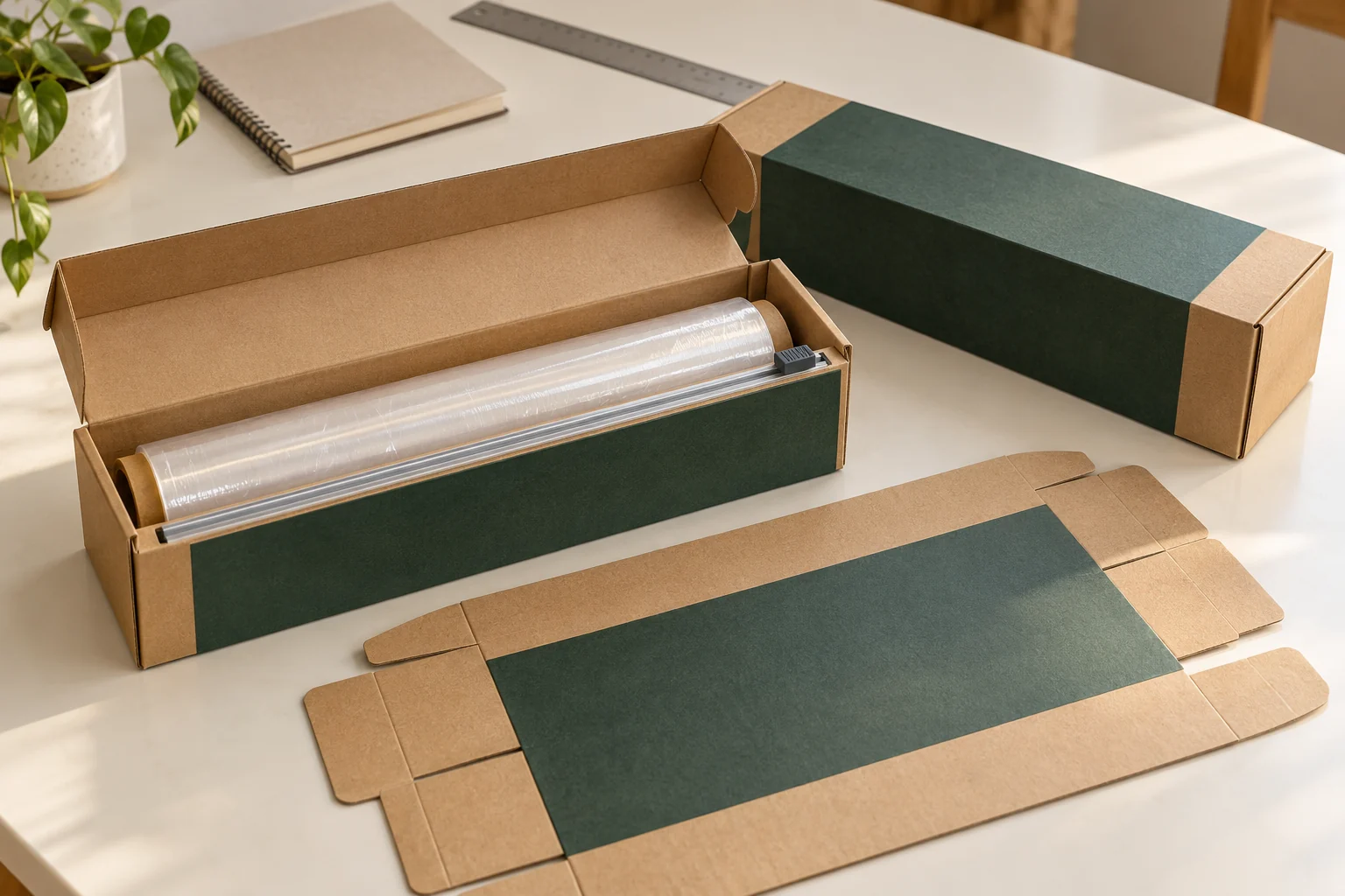 Illustrative kraft cutter box, closed retail carton and unfolded carton blank in a packaging review setting.